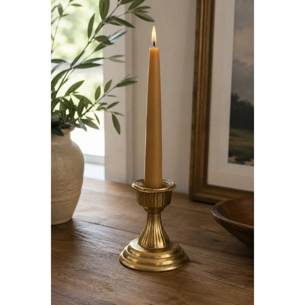 Vintage Lacquered Brass Fluted Pedestal Candlestick Holder Made in India 4‎ Inch